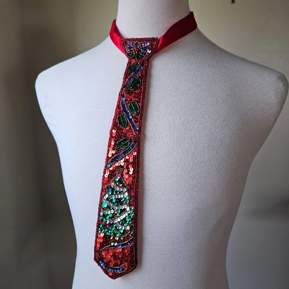 Vintage 90s Christmas Tree Ugly Sweater Party Sequin‎ Embellished Neck Tie
